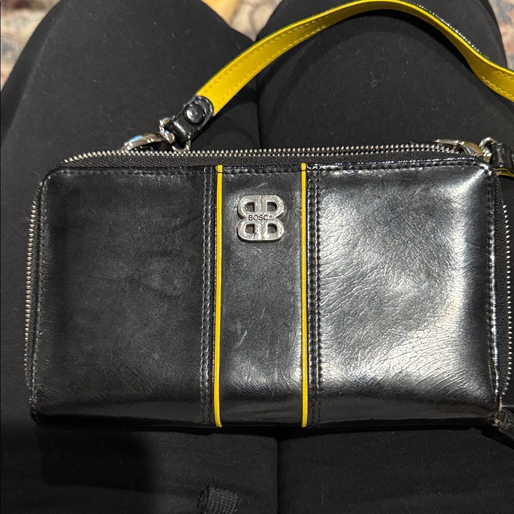 Bosca Black Crossbody Bag with Yellow Accent